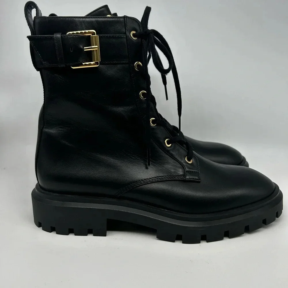Stuart Weitzman Ultra Lug Black Combat boots Gold Buckles  size 10.5  new